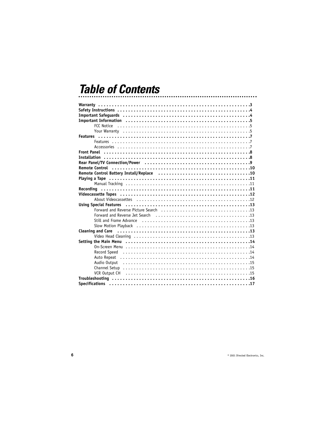 Directed Electronics VC2050 manual Table of Contents 