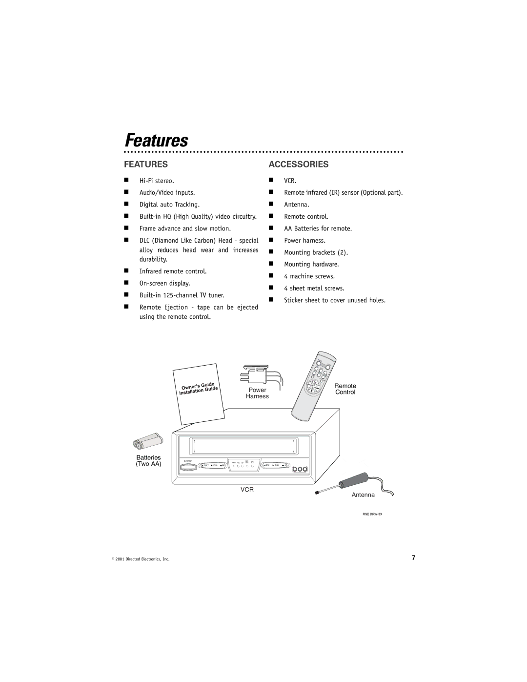 Directed Electronics VC2050 manual Features Accessories, Hi-Fi stereo, Audio/Video inputs, Power harness 