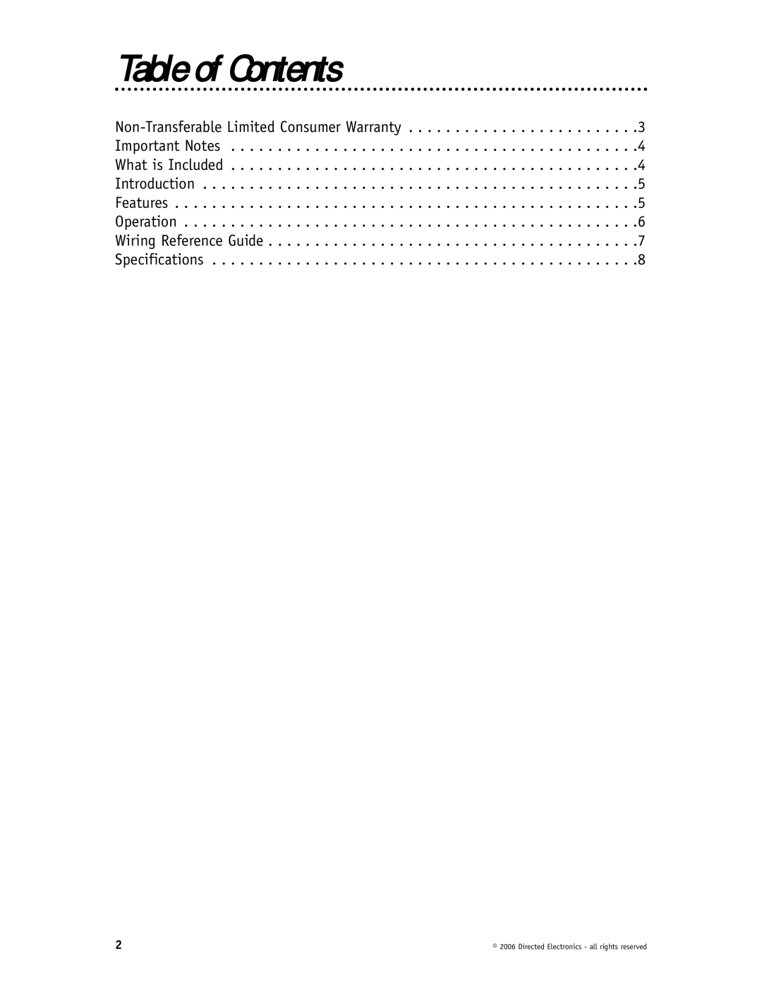 Directed Electronics VS102 manual Table of Contents 