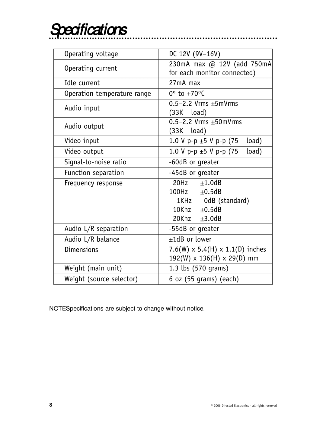 Directed Electronics VS102 manual Specifications 