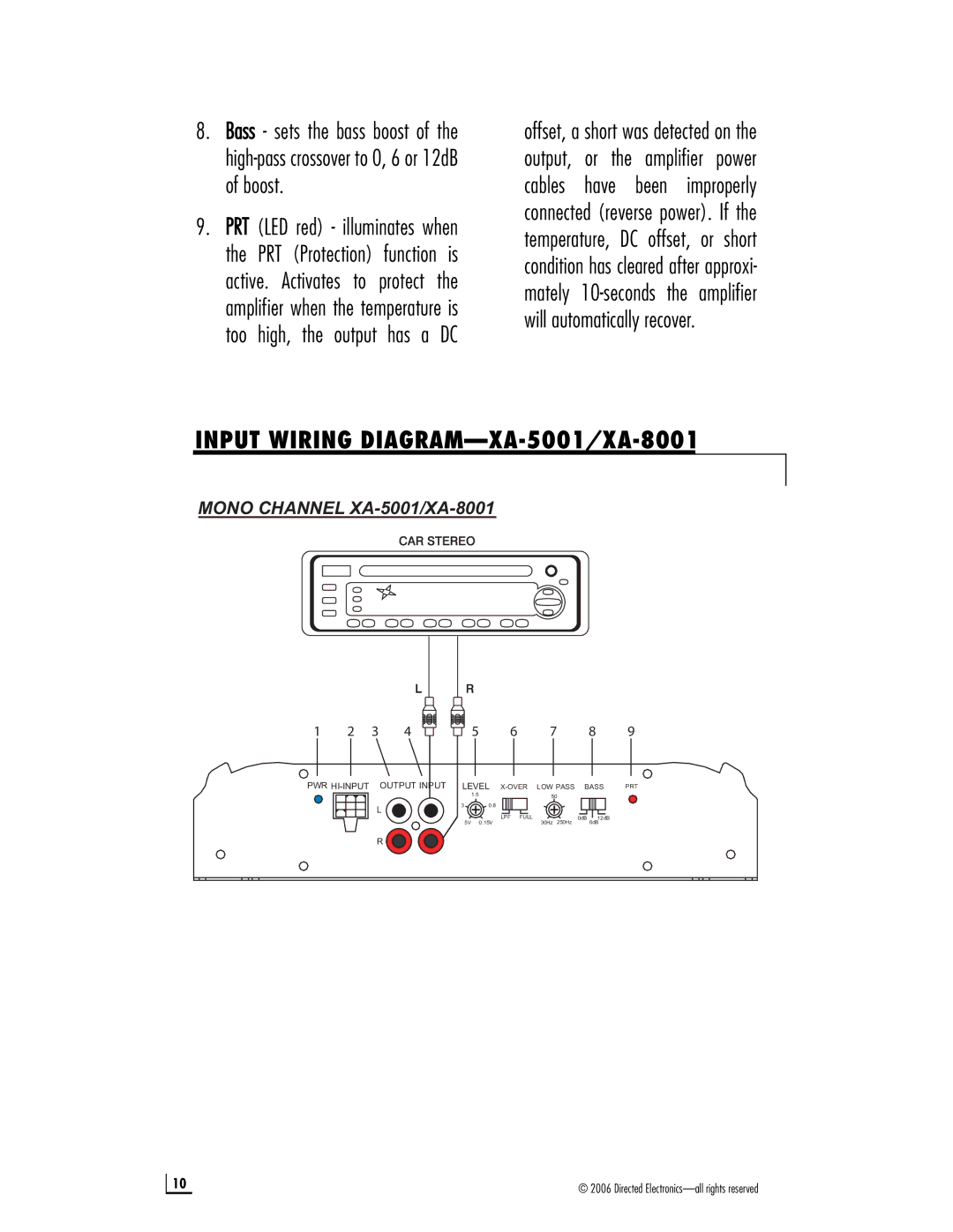 Directed Electronics XA-3002, XA-6004, XA-6002 manual Input Wiring DIAGRAM-XA-5001/XA-8001, Mono Channel XA-5001/XA-8001 