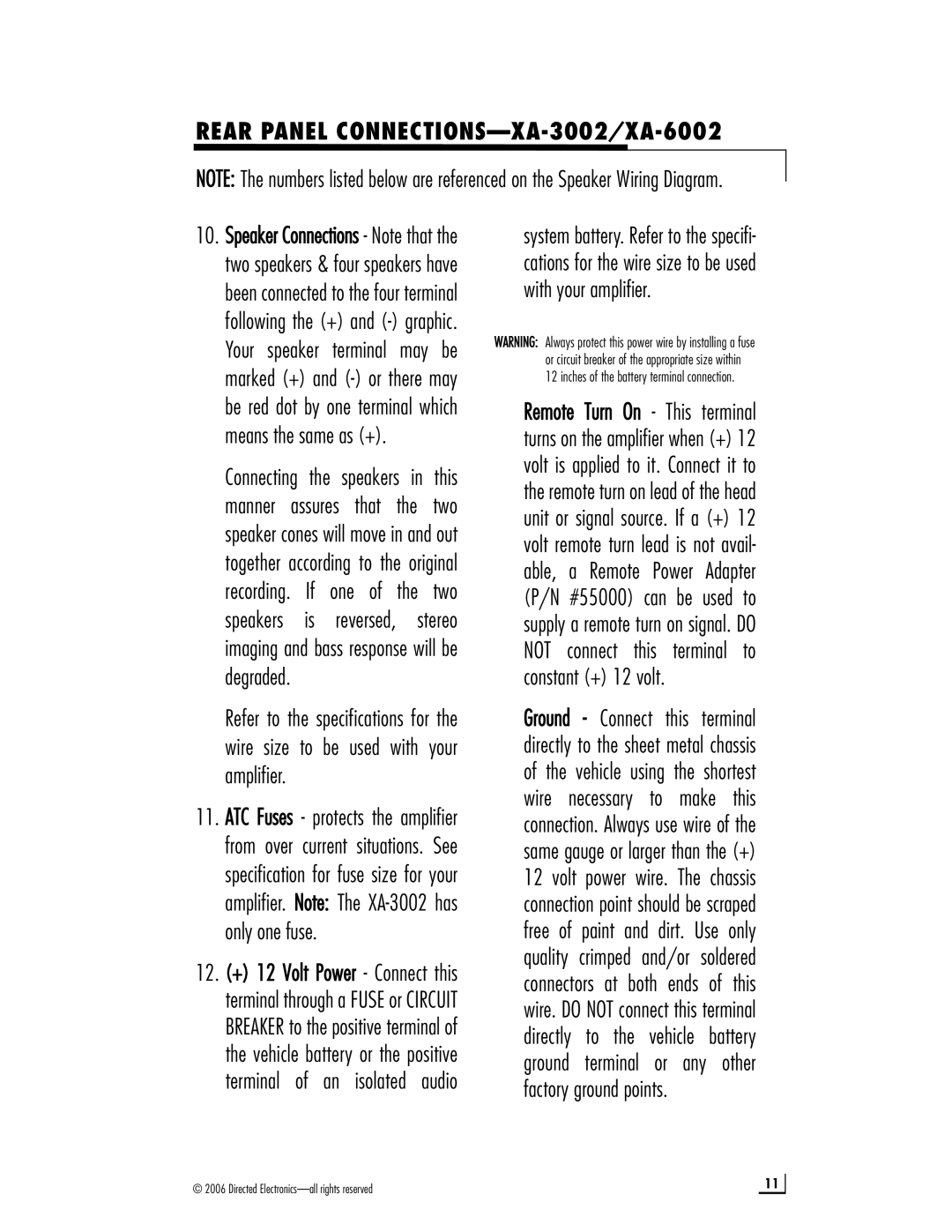 Directed Electronics XA-5001, XA-6004, XA-8001 manual Rear Panel CONNECTIONS-XA-3002/XA-6002 
