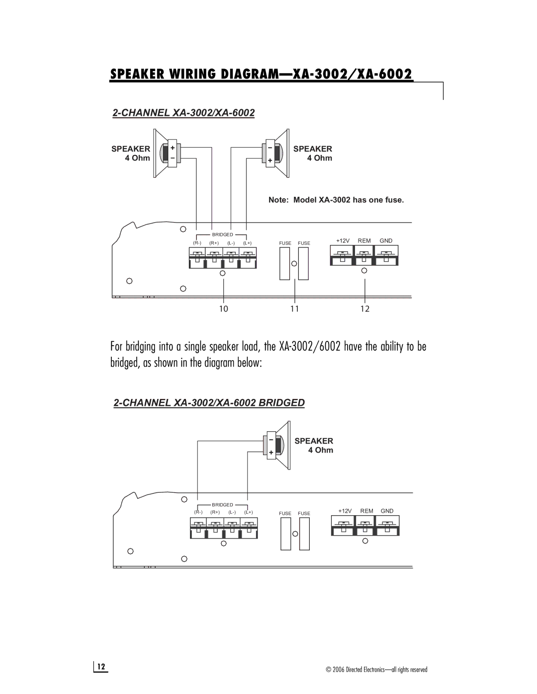 Directed Electronics XA-6004, XA-5001, XA-8001 manual Speaker Wiring DIAGRAM-XA-3002/XA-6002 