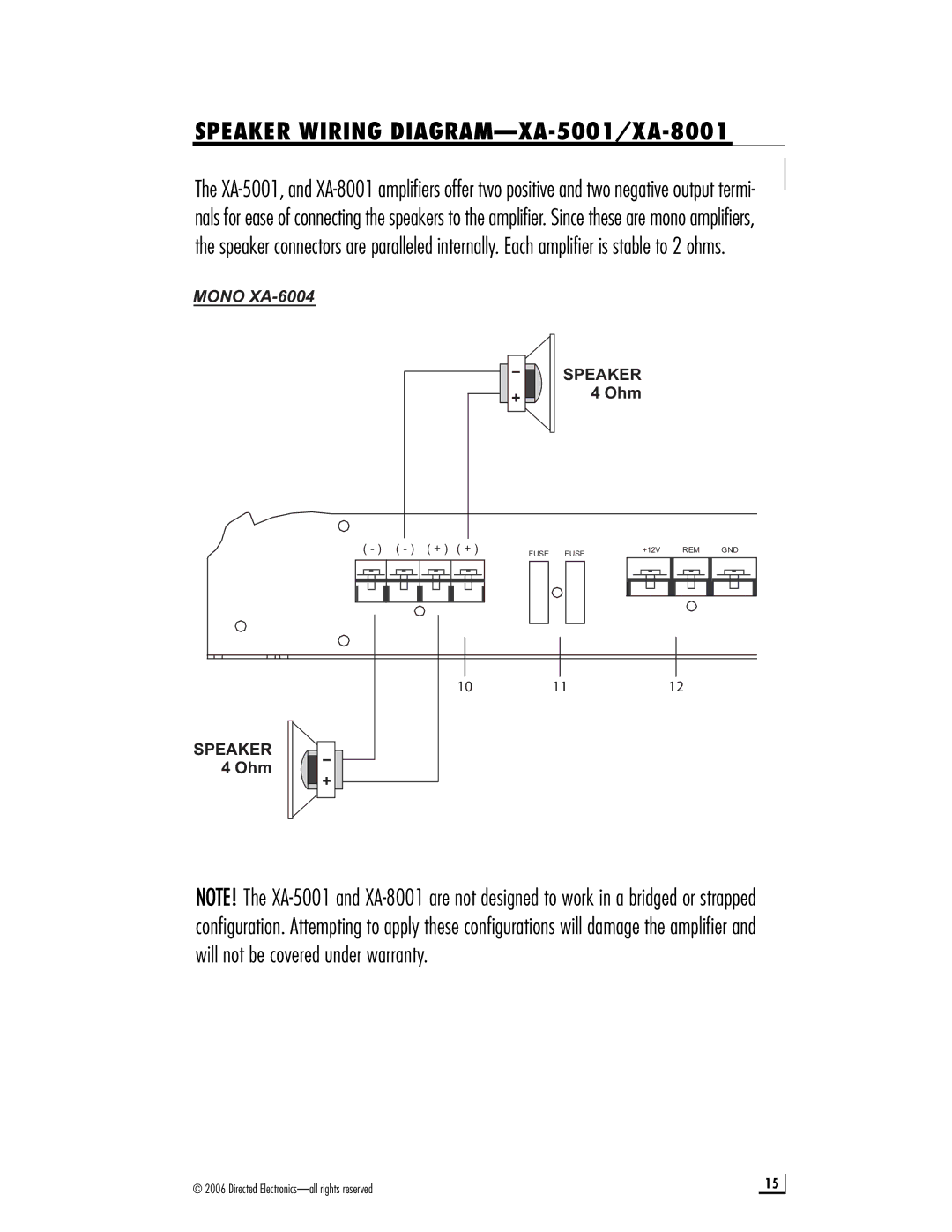 Directed Electronics XA-3002, XA-6004, XA-6002 manual Speaker Wiring DIAGRAM-XA-5001/XA-8001 