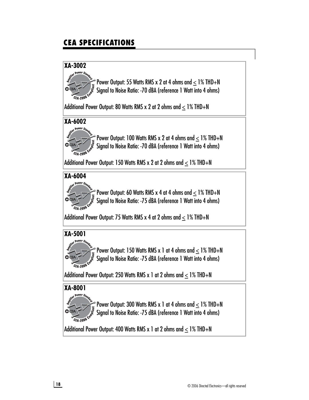 Directed Electronics XA-8001, XA-5001, XA-6004, XA-6002 manual CEA Specifications, XA-3002 