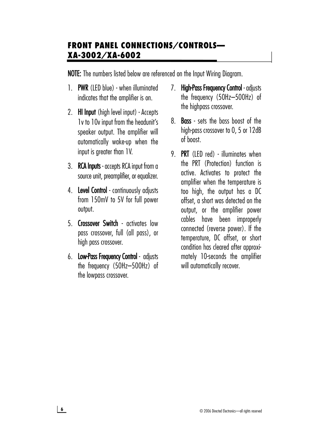 Directed Electronics XA-5001, XA-6004, XA-8001 manual Front Panel CONNECTIONS/CONTROLS- XA-3002/XA-6002 