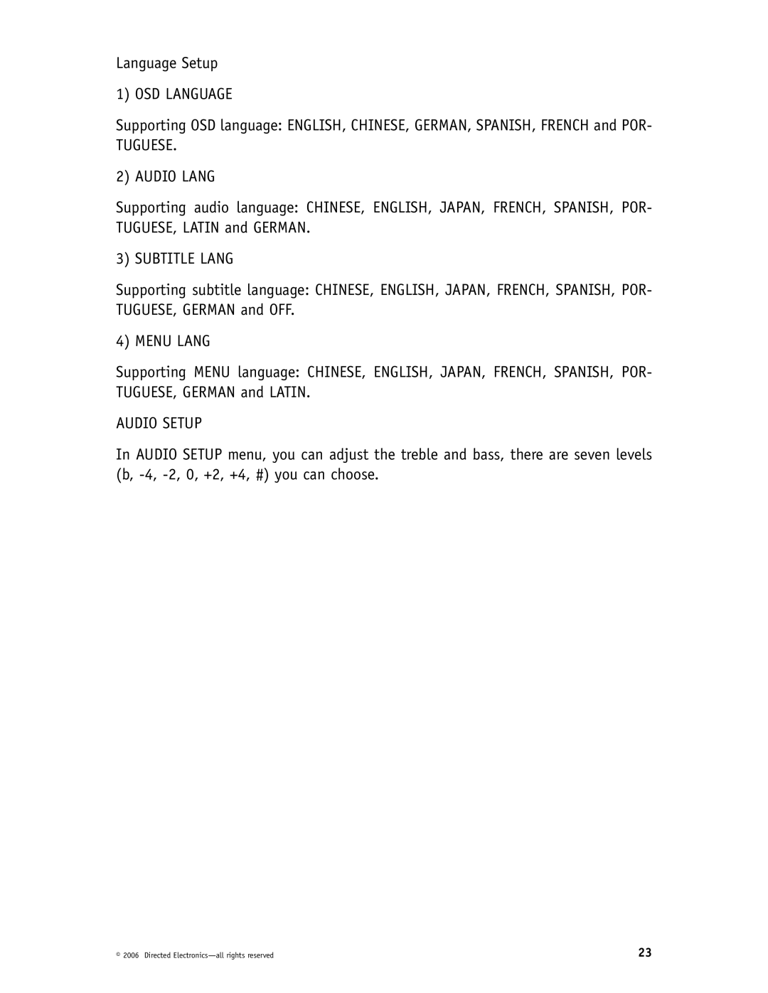 Directed Video DP1020 manual OSD Language, Tuguese Audio Lang, Subtitle Lang, Menu Lang, Audio Setup 