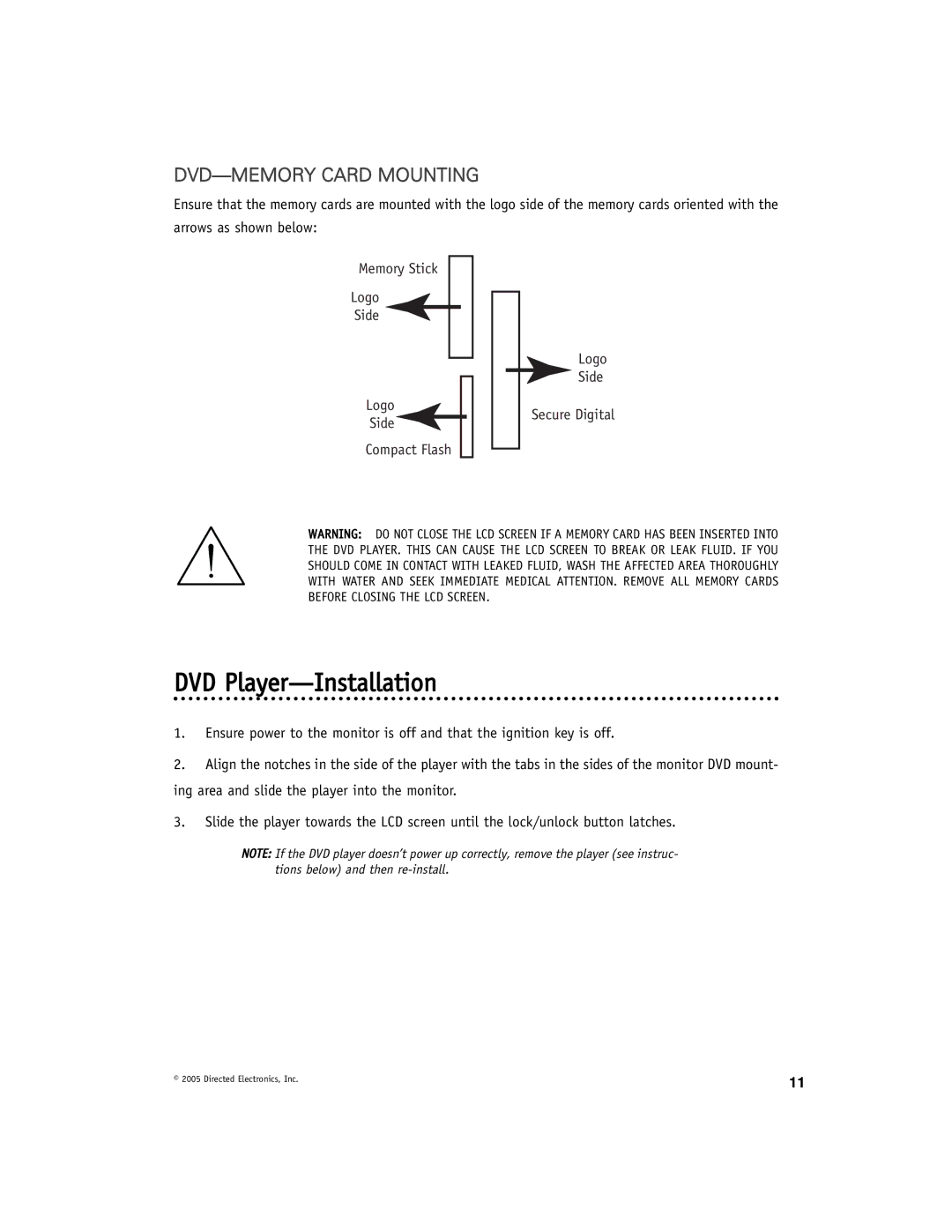 Directed Video DV-POD manual DVD Player-Installation, DVD-MEMORY Card Mounting 