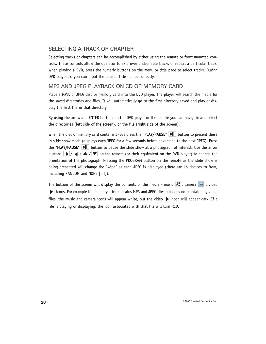Directed Video DV-POD manual Selecting a Track or Chapter, MP3 and Jpeg Playback on CD or Memory Card 