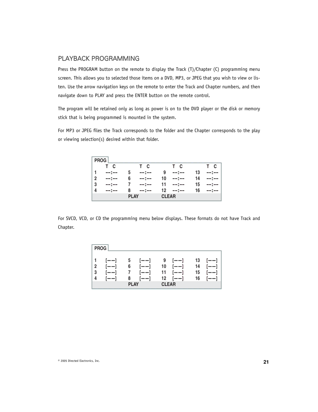 Directed Video DV-POD manual Playback Programming, Clear 