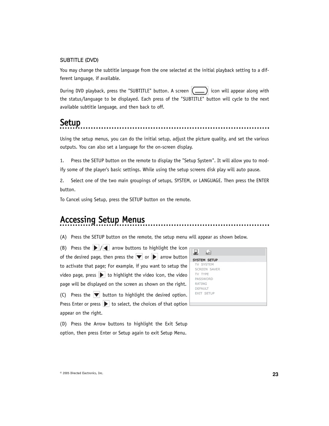 Directed Video DV-POD manual Accessing Setup Menus, Subtitle DVD 