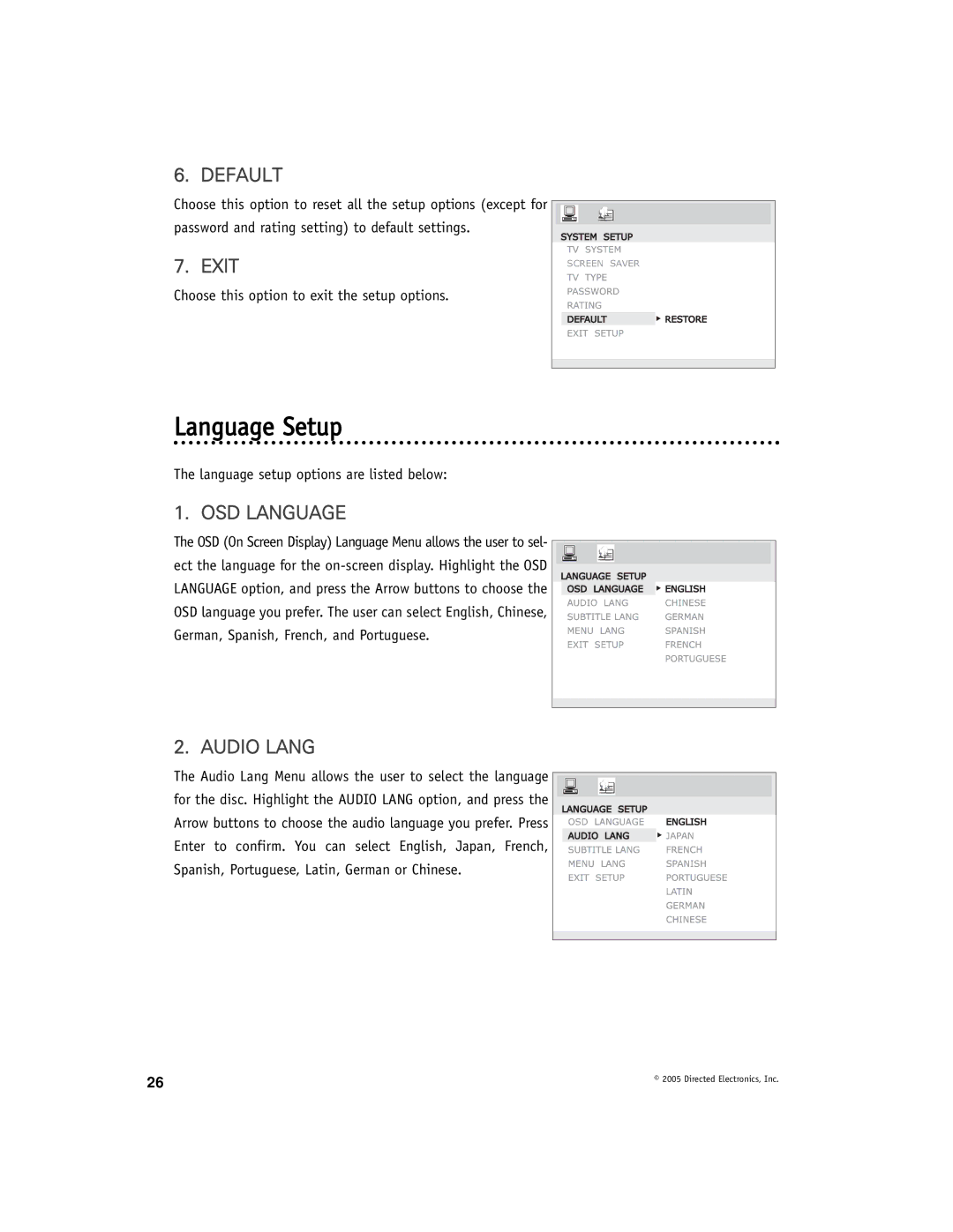 Directed Video DV-POD manual Language Setup, Default, Exit, OSD Language, Audio Lang 