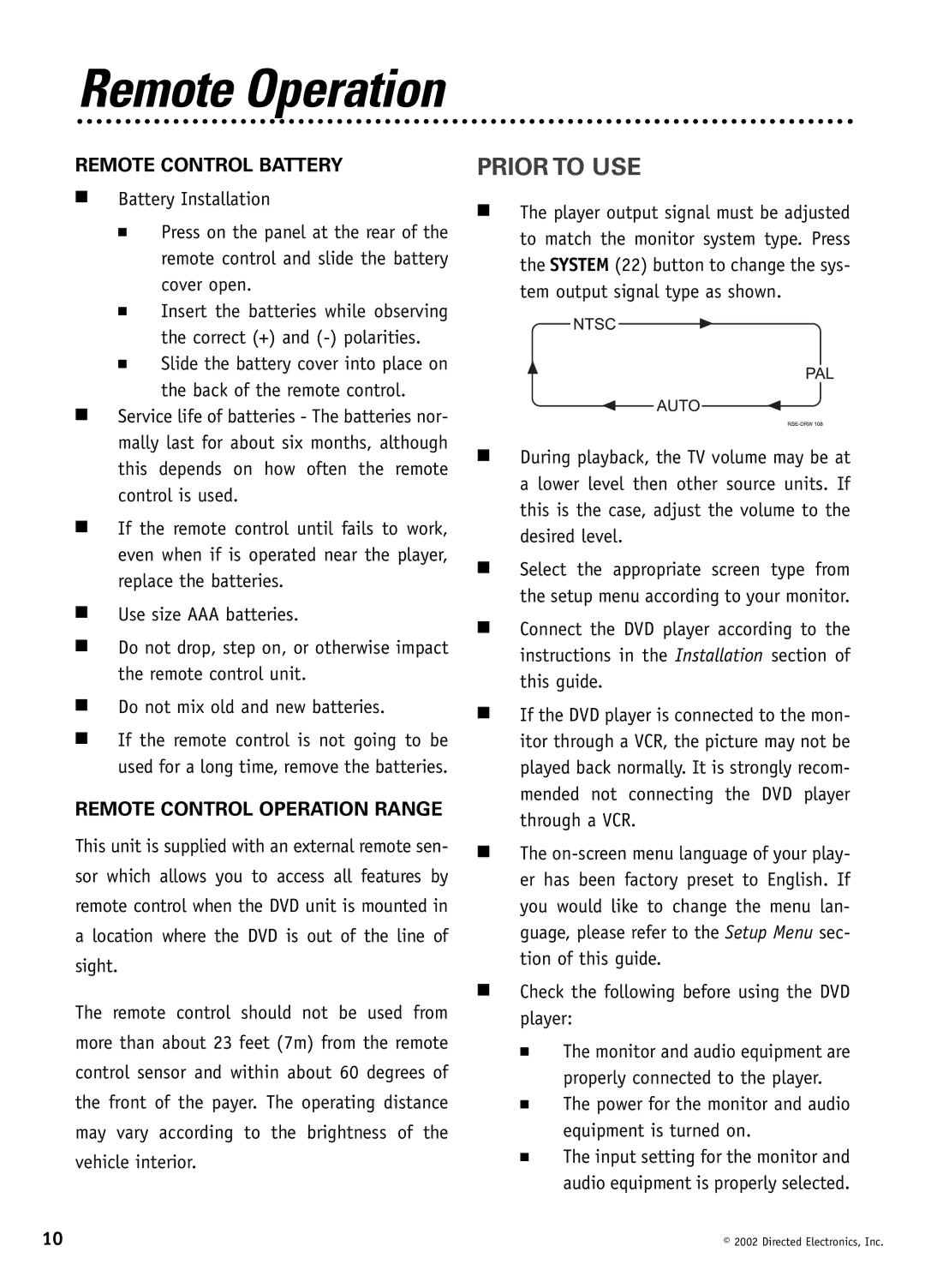 Directed Video DV1600 manual Remote Operation, Prior to USE, Remote Control Battery, Remote Control Operation Range 