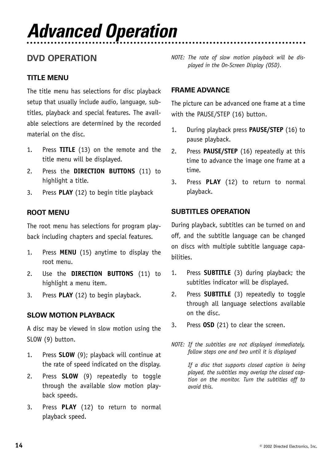 Directed Video DV1600 manual Advanced Operation, DVD Operation 