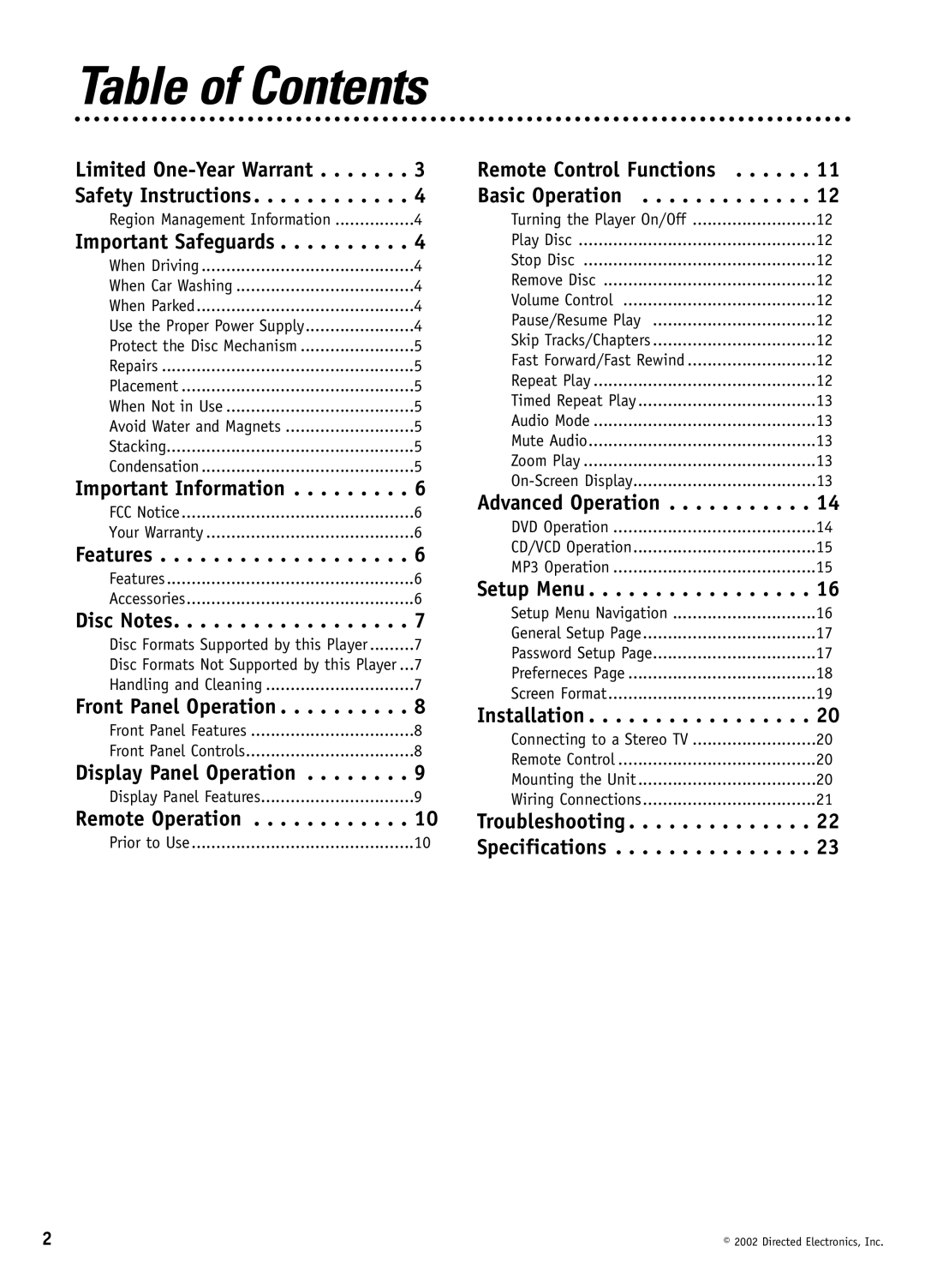 Directed Video DV1600 manual Table of Contents 