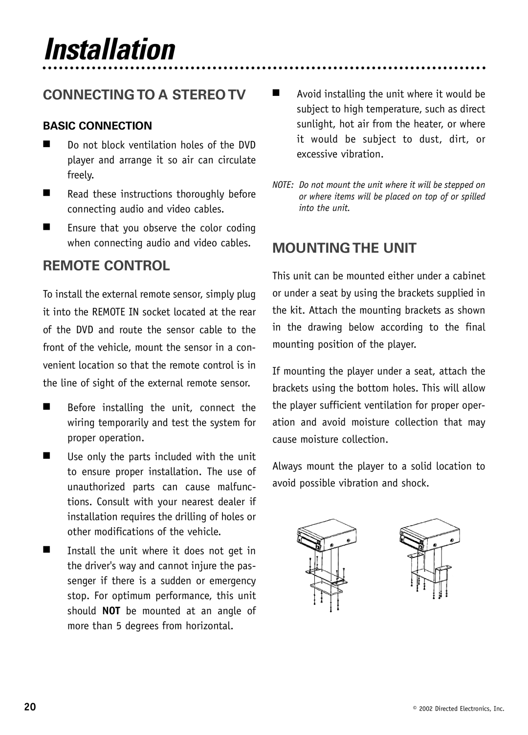 Directed Video DV1600 manual Installation, Connecting to a Stereo TV, Remote Control, Mounting the Unit, Basic Connection 