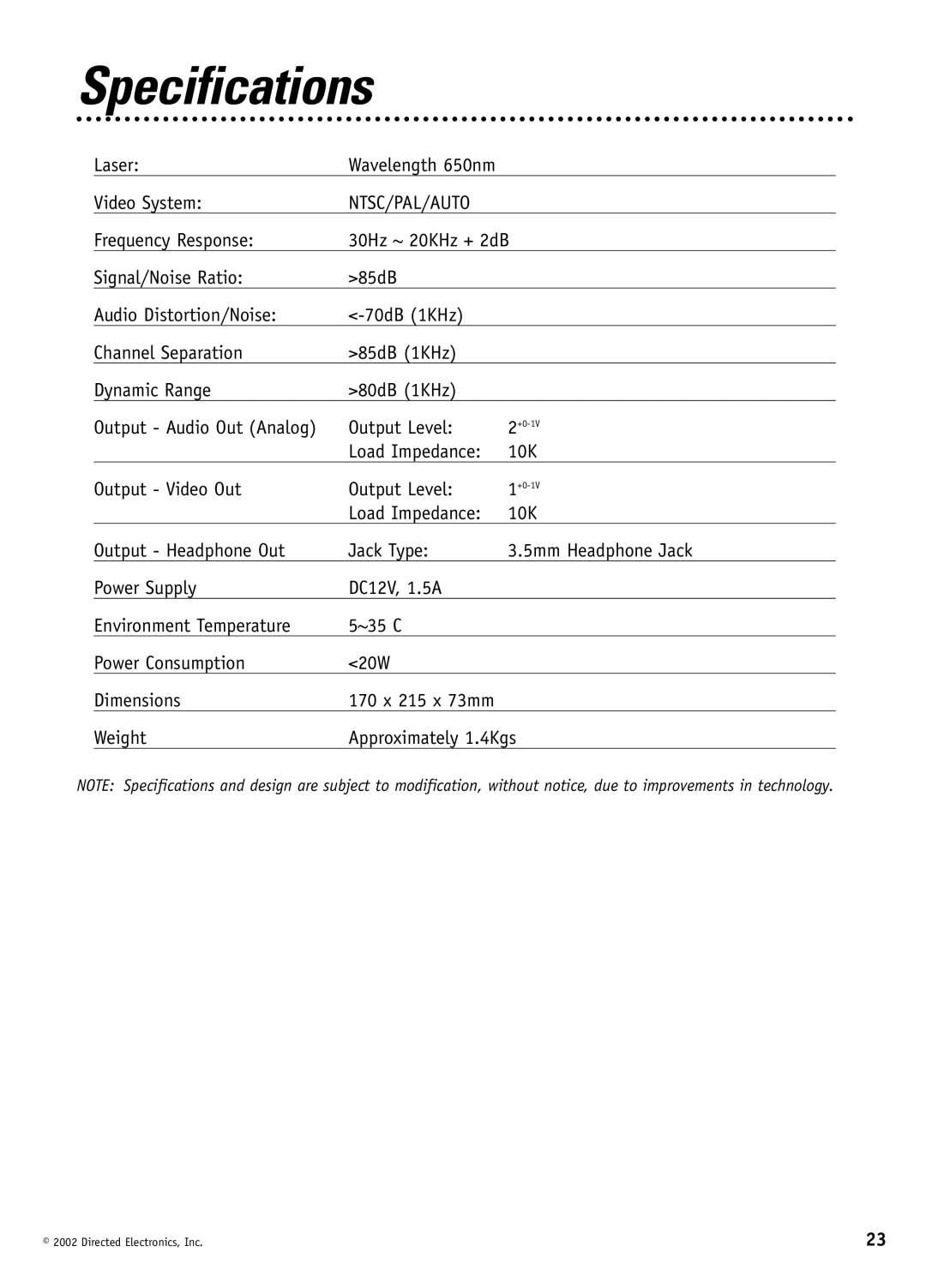 Directed Video DV1600 manual Specifications, Laser, Video System, Load Impedance 10K Output Video Out Output Level 