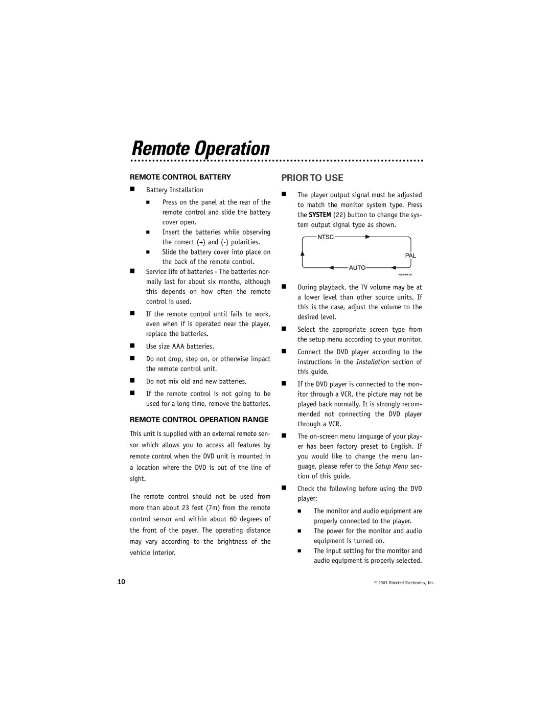Directed Video DV1700 manual Remote Operation, Prior to USE, Remote Control Battery, Remote Control Operation Range 