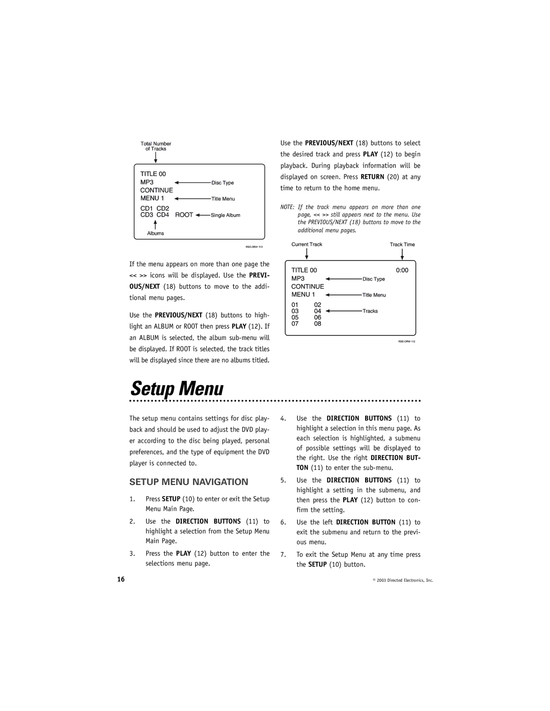 Directed Video DV1700 manual Setup Menu Navigation, Press Setup 10 to enter or exit the Setup Menu Main 