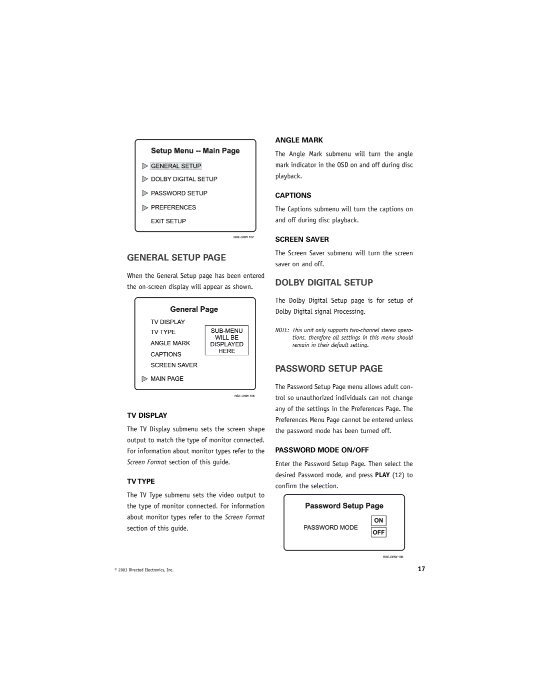 Directed Video DV1700 manual General Setup, Dolby Digital Setup, Password Setup 