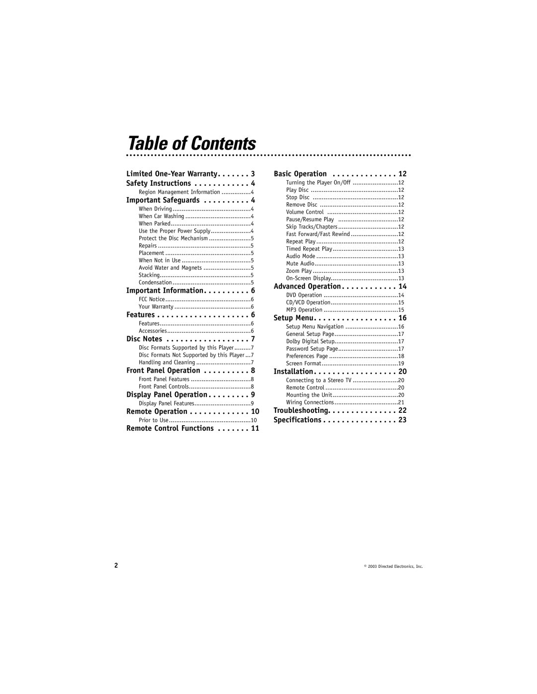 Directed Video DV1700 manual Table of Contents 