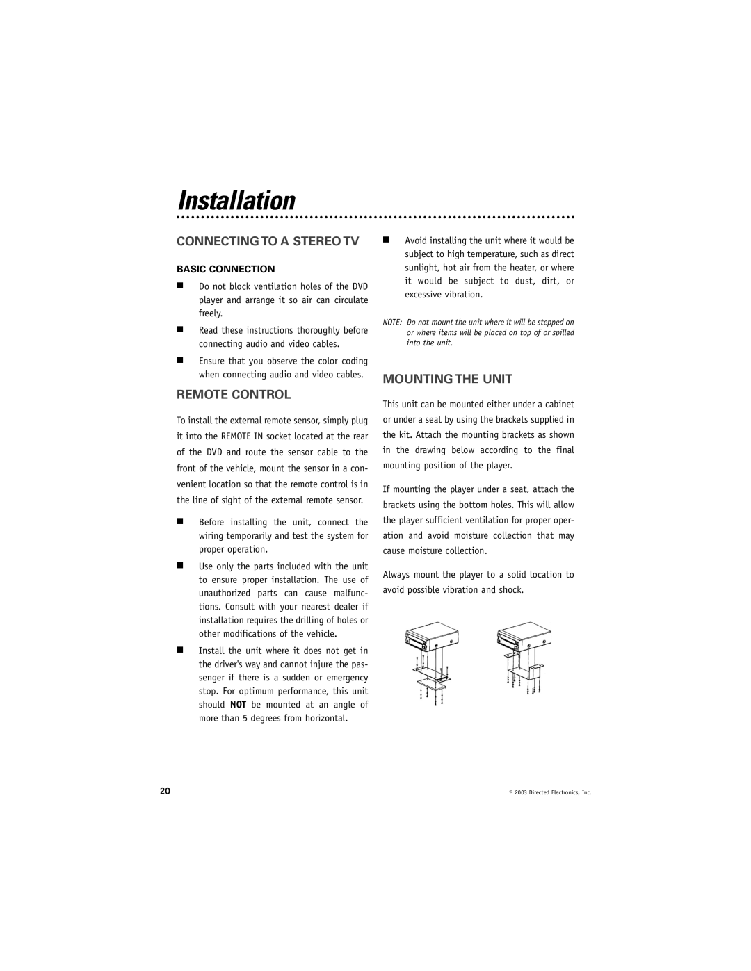 Directed Video DV1700 manual Installation, Connecting to a Stereo TV, Remote Control, Mounting the Unit, Basic Connection 