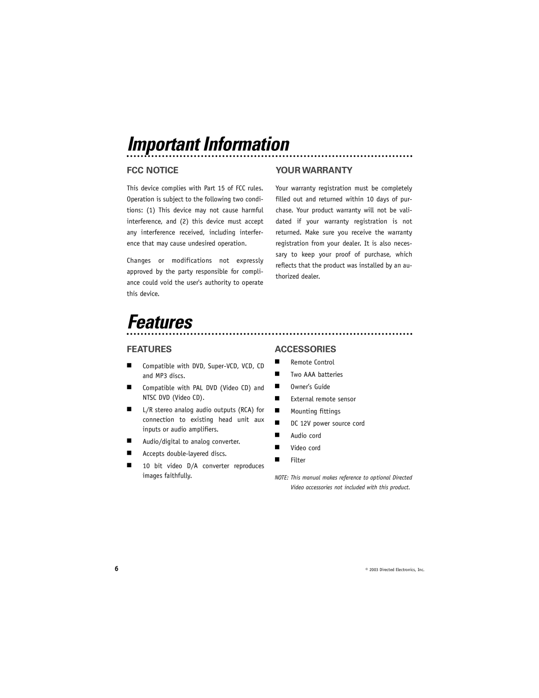 Directed Video DV1700 manual Important Information, Features 