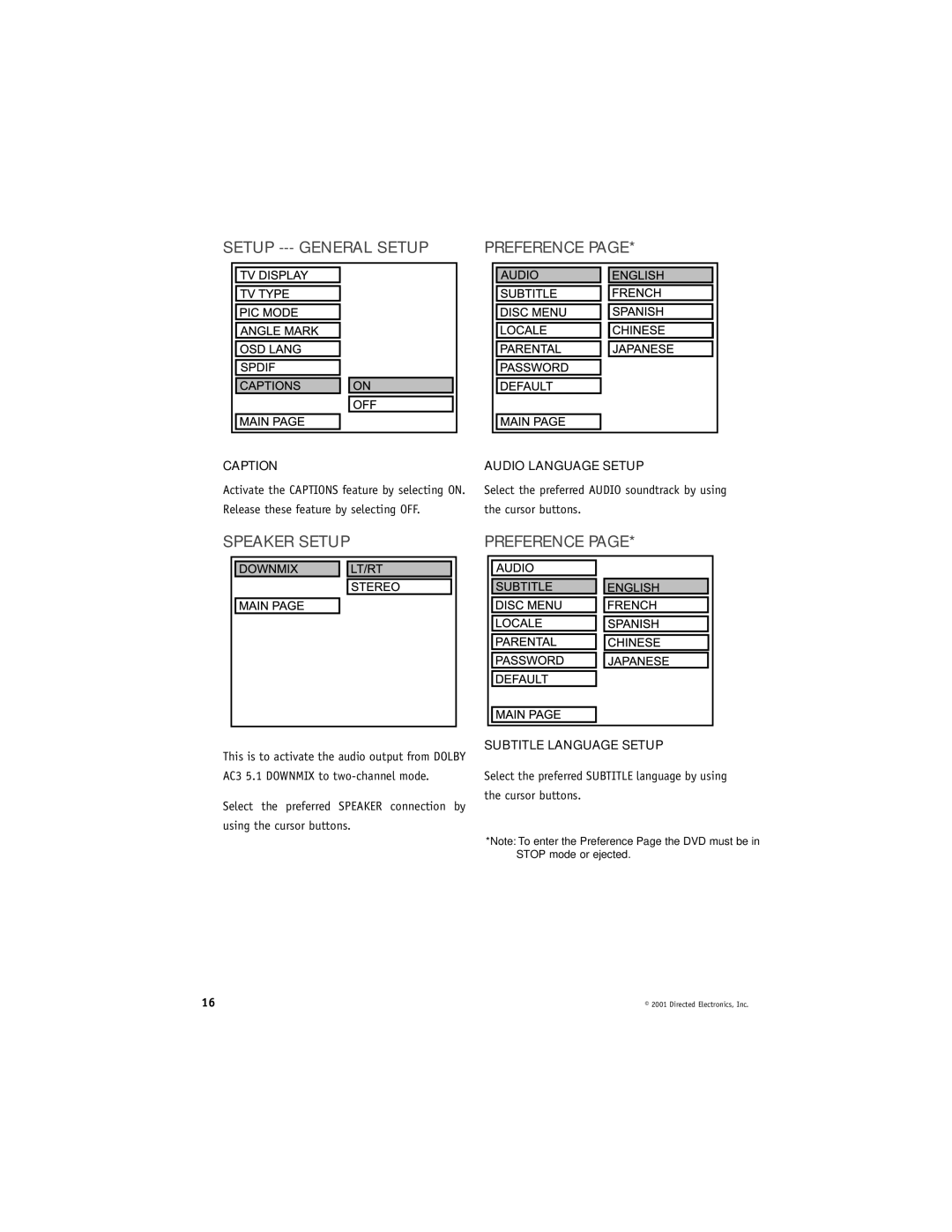 Directed Video DV2600 manual Speaker Setup Preference, Caption, Audio Language Setup, Subtitle Language Setup 