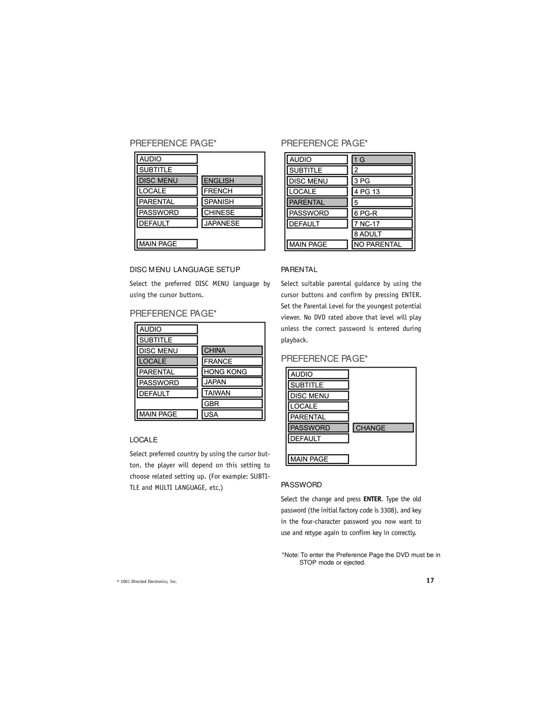 Directed Video DV2600 manual Disc Menu Language Setup, Password 