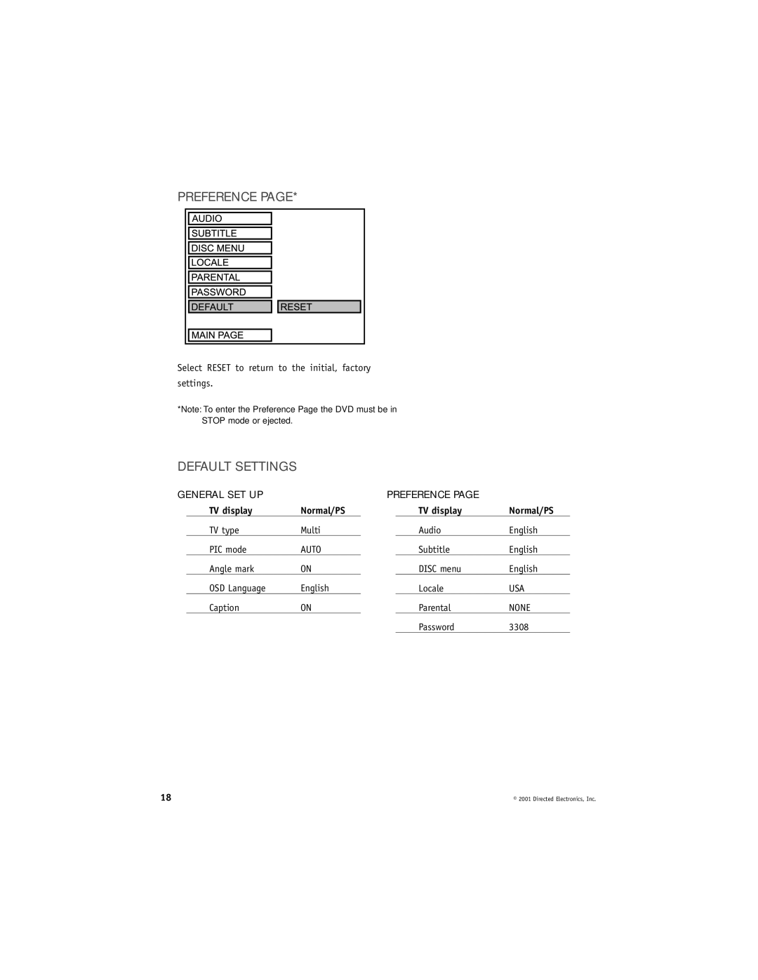 Directed Video DV2600 manual Default Settings, General SET UP Preference 