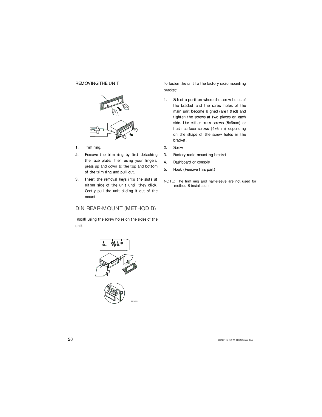 Directed Video DV2600 manual DIN REAR-MOUNT Method B, Removing the Unit 