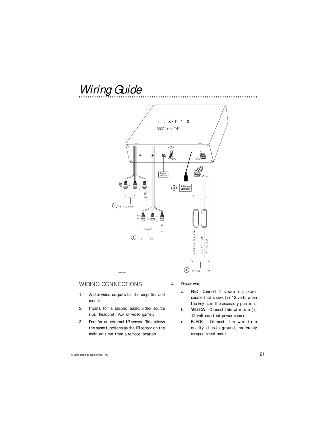 Directed Video DV2600 Wiring Guide, Wiring Connections, Audio/video outputs for the amplifier and monitor, Power wire 