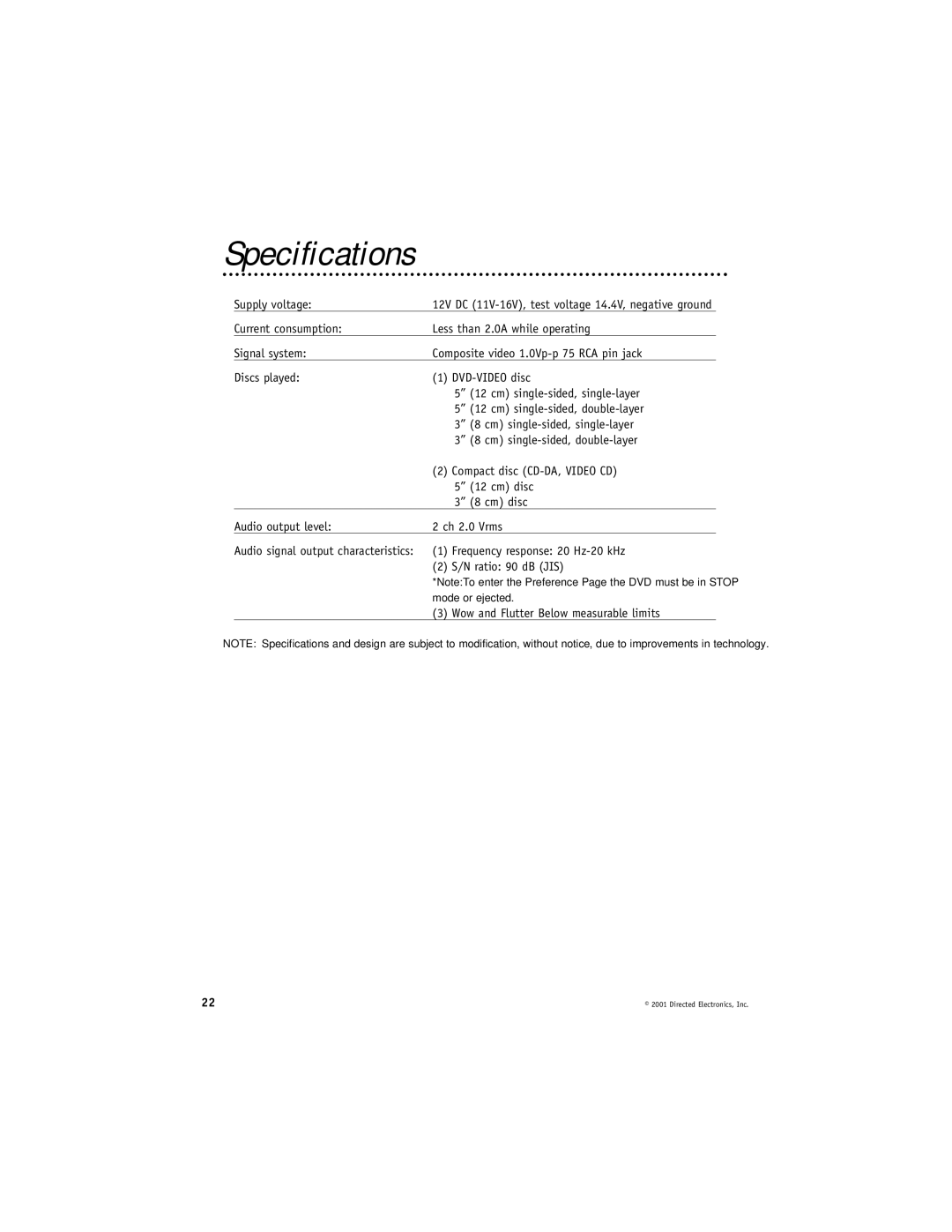 Directed Video DV2600 manual Specifications, Supply voltage, Frequency response 20 Hz-20 kHz, Ratio 90 dB JIS 