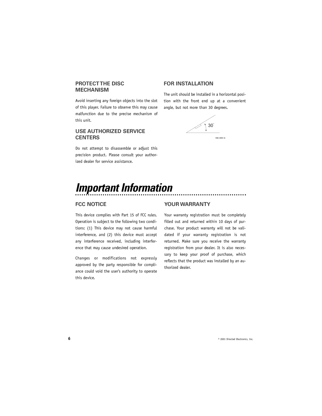 Directed Video DV2600 Important Information, Protect the Disc Mechanism, USE Authorized Service Centers For Installation 