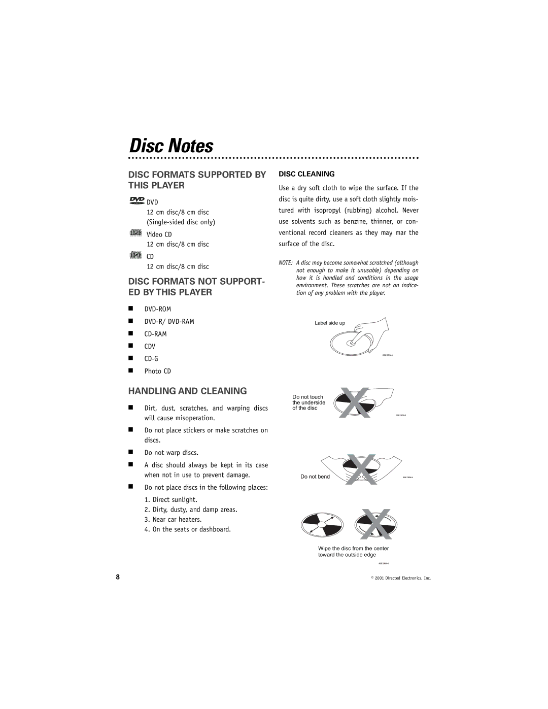 Directed Video DV2600 manual Disc Notes, Disc Formats Supported by this Player, Disc Formats not SUPPORT- ED by this Player 