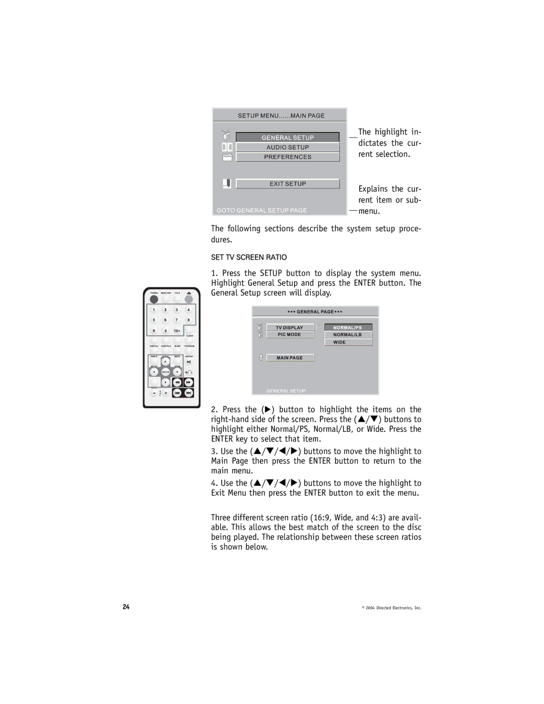 Directed Video DV2605, DV2602 manual SET TV Screen Ratio 