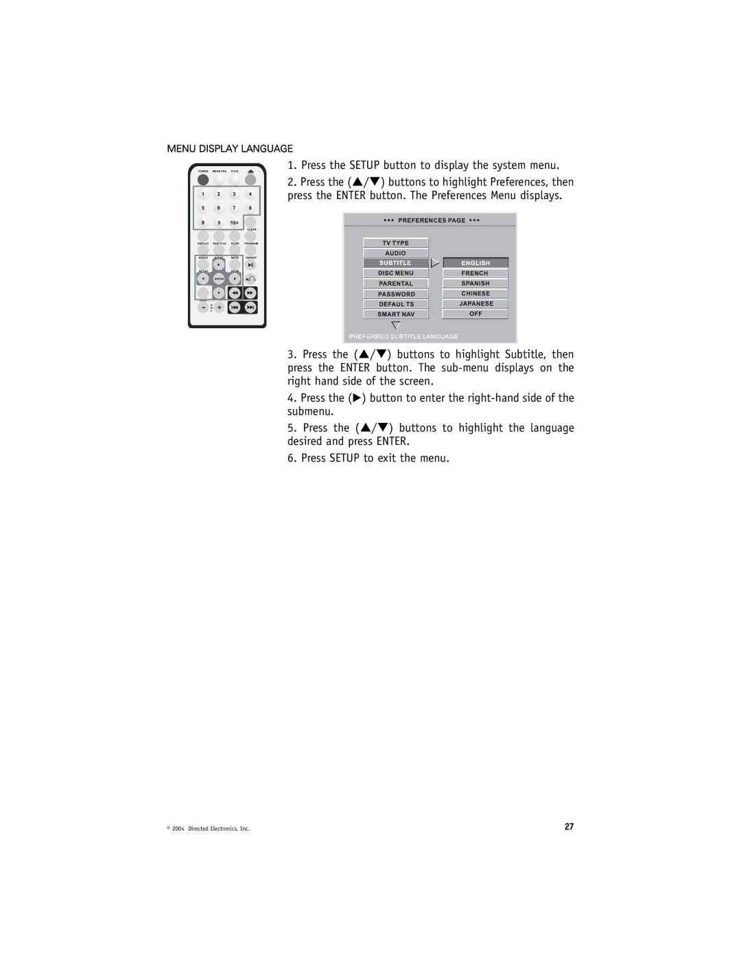 Directed Video DV2602, DV2605 manual Press the Setup button to display the system menu 