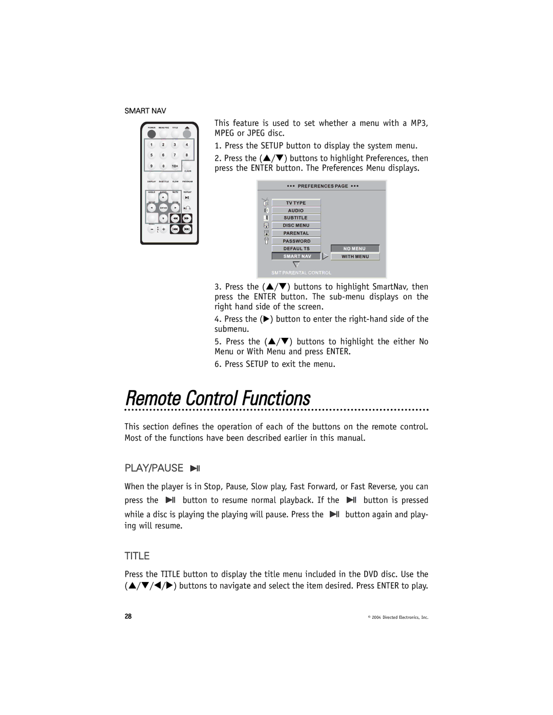 Directed Video DV2605, DV2602 manual Remote Control Functions, Play/Pause, Title 