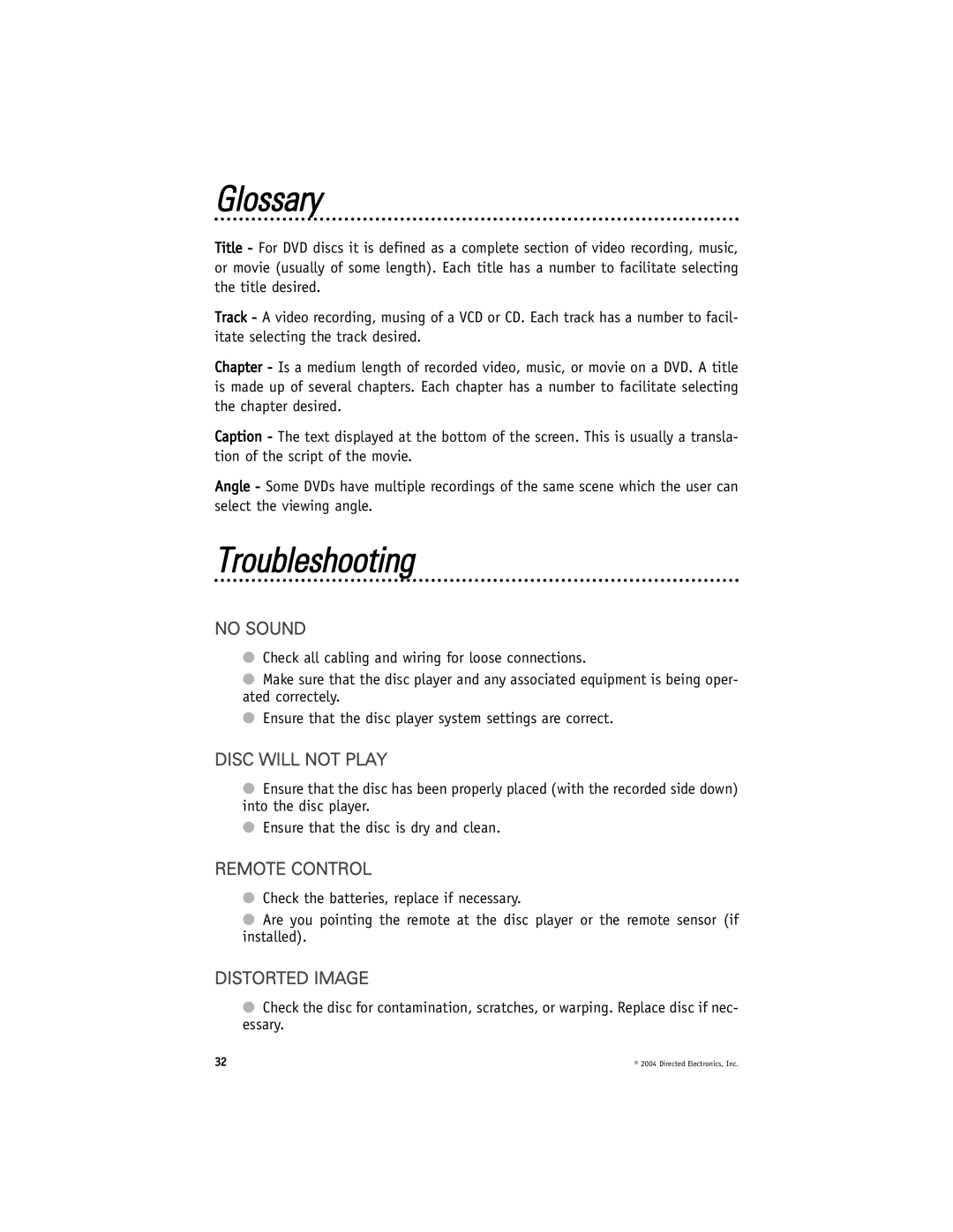 Directed Video DV2605, DV2602 manual Glossary, Troubleshooting 