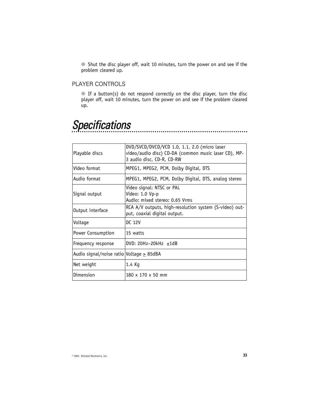 Directed Video DV2602, DV2605 manual Specifications, Player Controls 