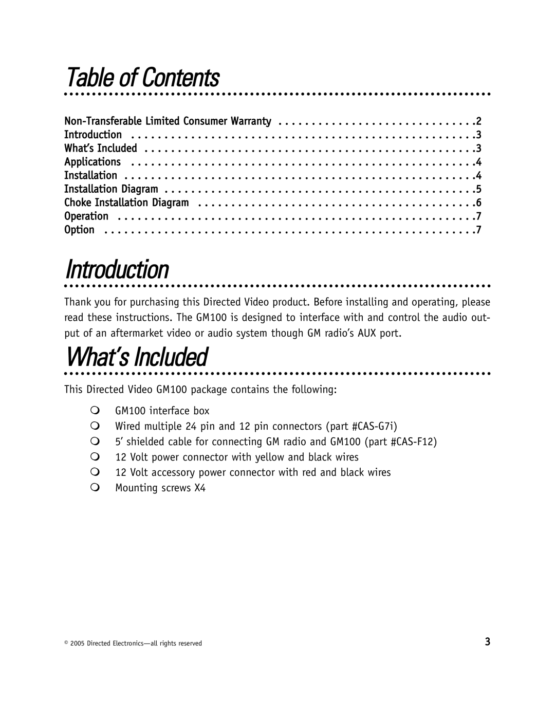 Directed Video GM100 manual Table of Contents, Introduction, What’s Included 