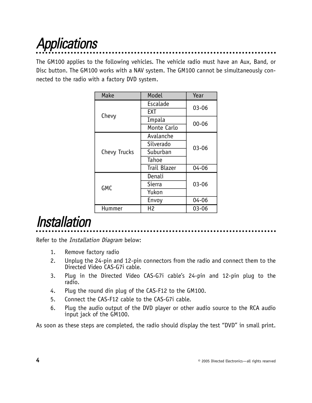 Directed Video GM100 manual Applications, Refer to the Installation Diagram below 