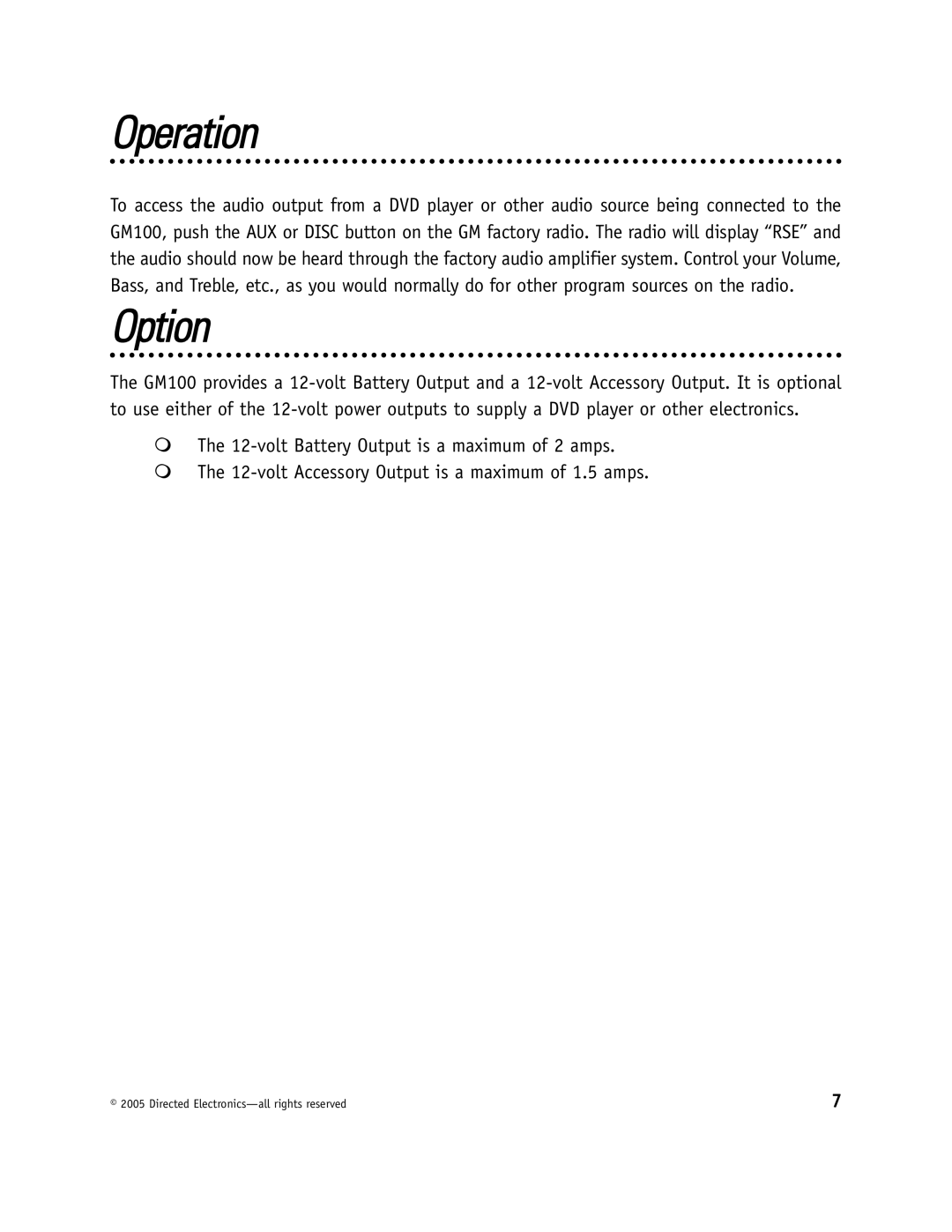 Directed Video GM100 manual Operation, Option 