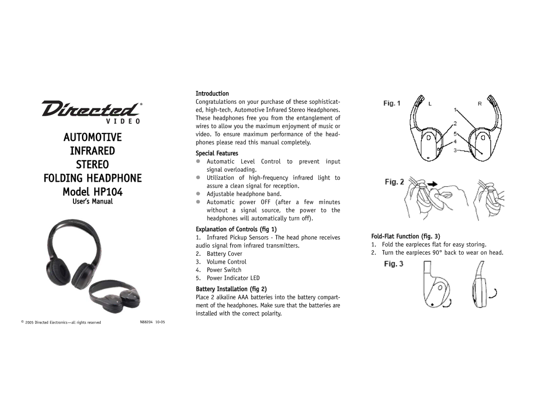 Directed Video manual Automotive Infrared Stereo Folding Headphone, Model HP104, User’s Manual, Introduction 