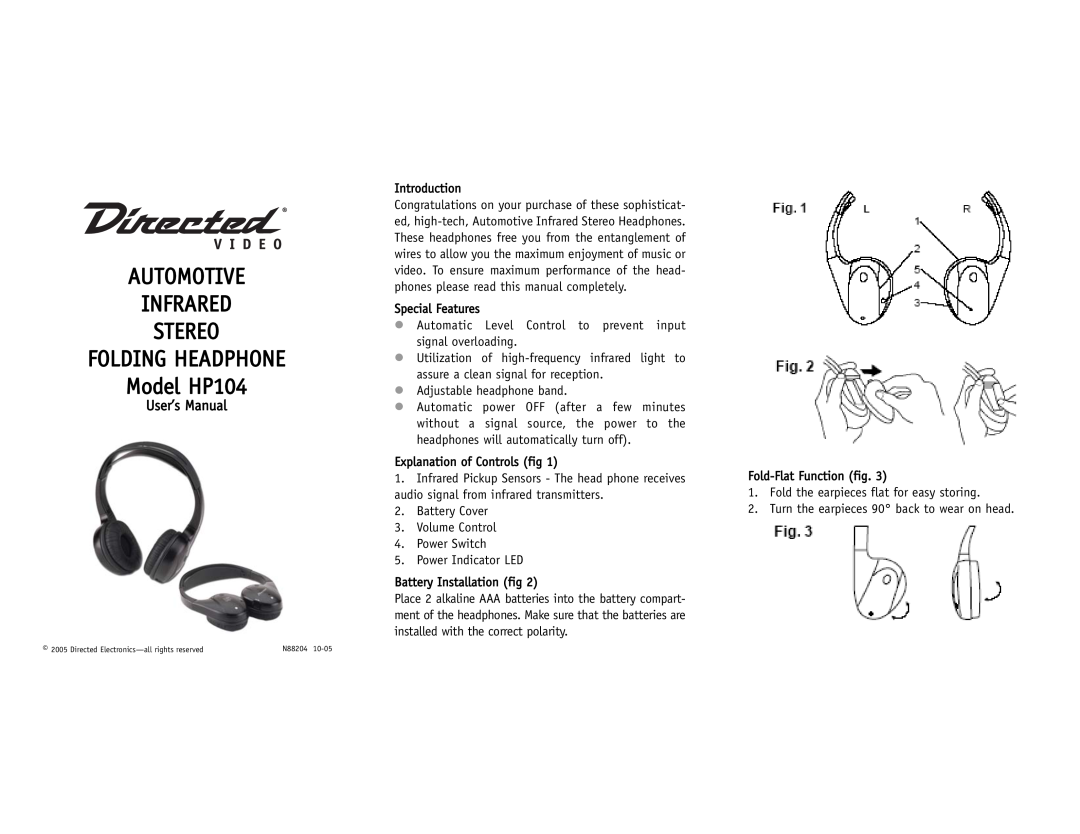 Directed Video manual Automotive Infrared Stereo Folding Headphone, Model HP104 