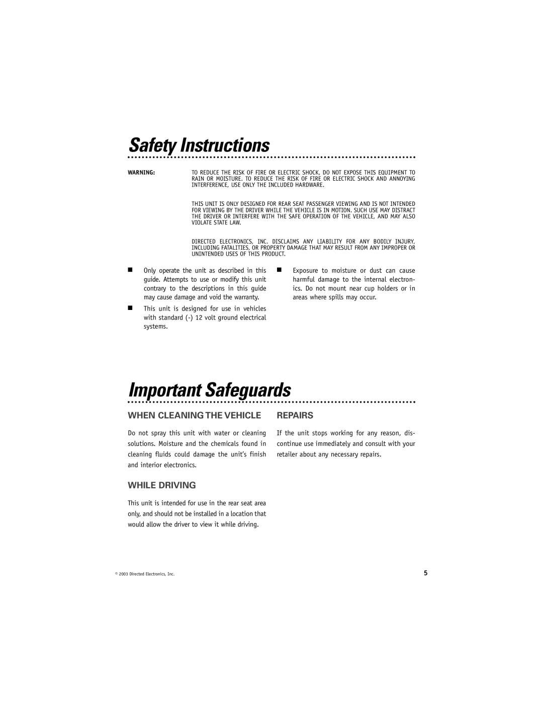 Directed Video HRB100 manual Safety Instructions, Important Safeguards, When Cleaning the Vehicle Repairs, While Driving 