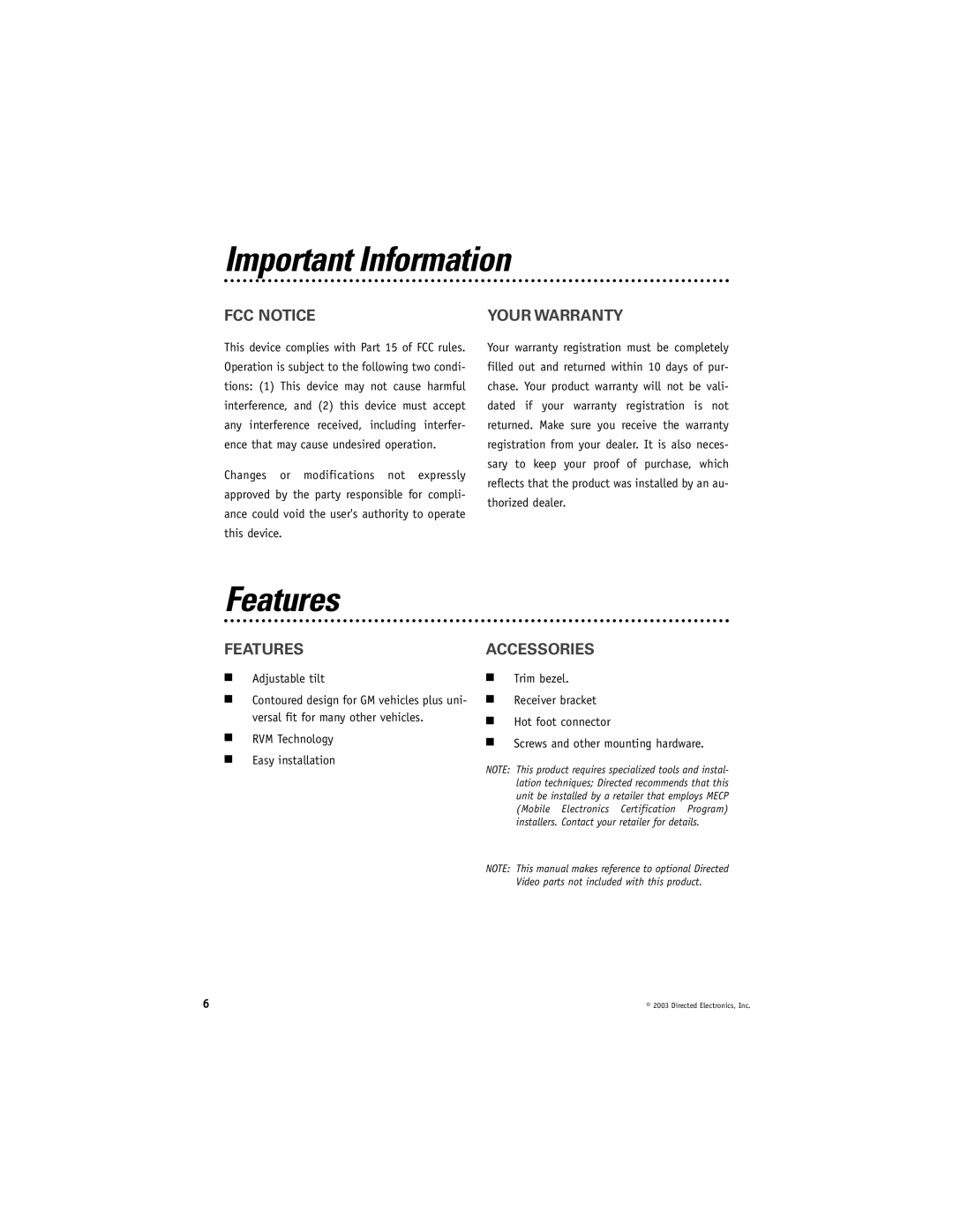 Directed Video HRB100 manual Important Information, Features 