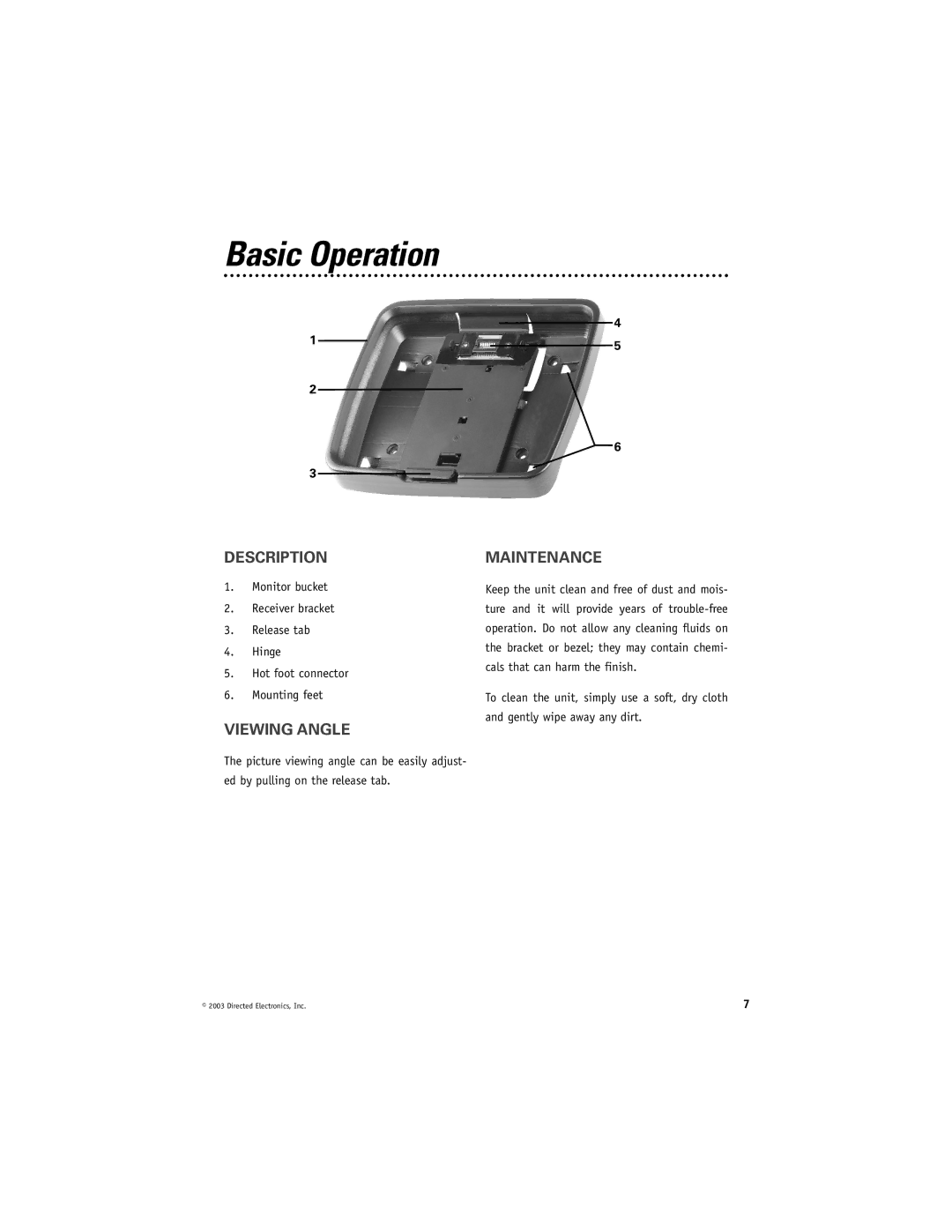 Directed Video HRB100 manual Basic Operation, Description, Viewing Angle, Maintenance 