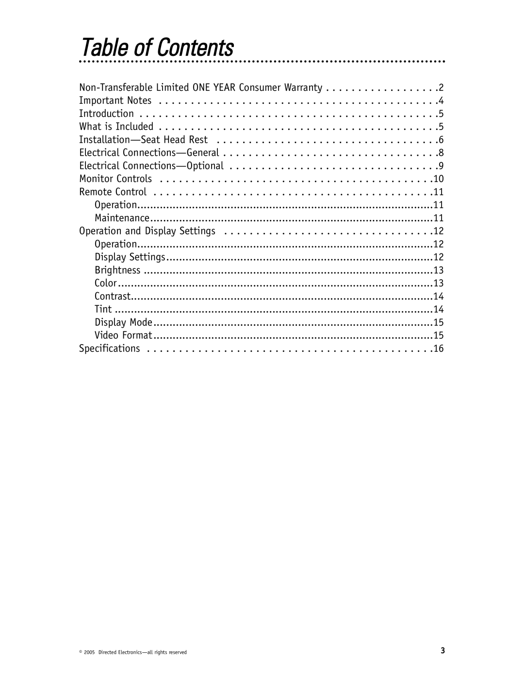 Directed Video HVM700 manual Table of Contents 