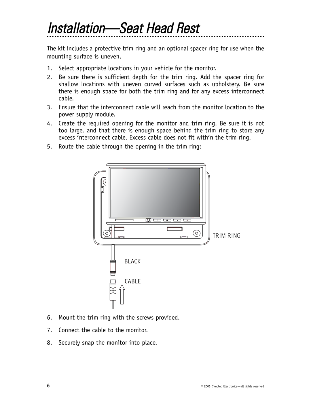 Directed Video HVM700 manual Installation-Seat Head Rest, Black Cable 